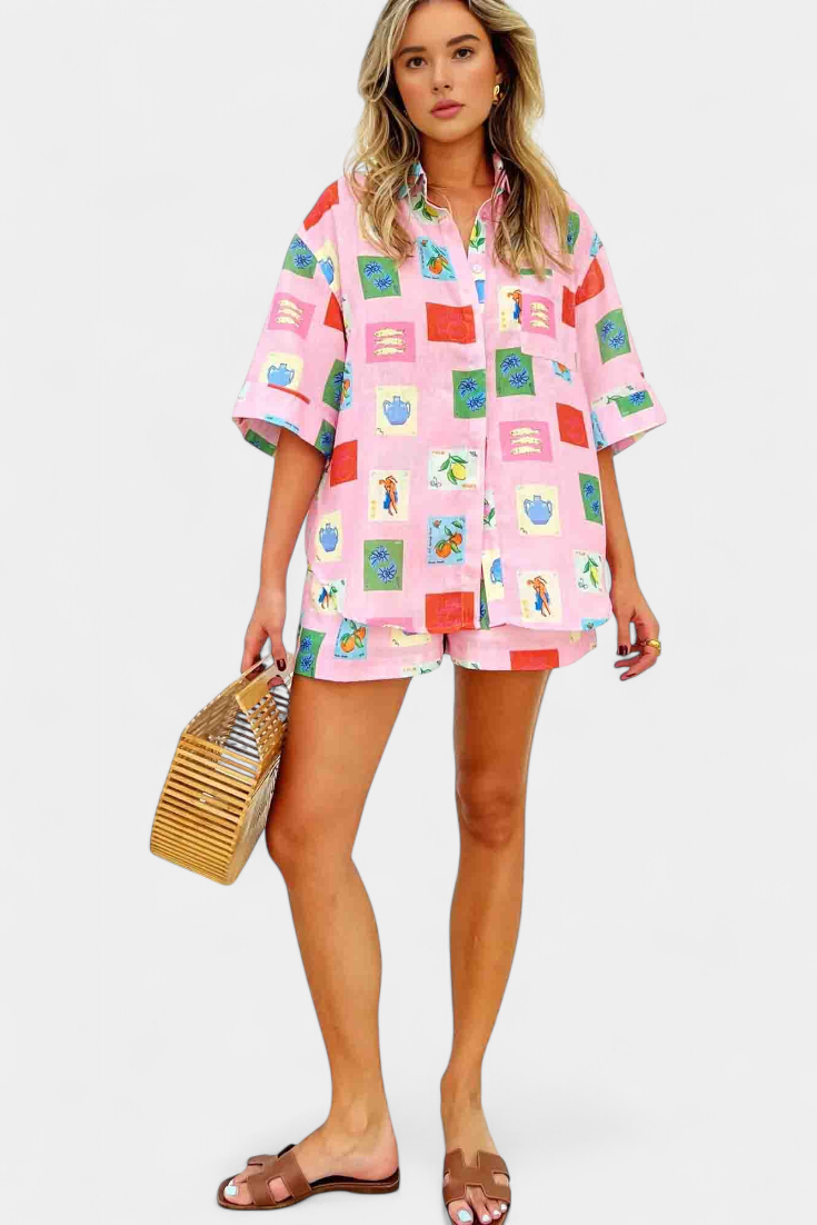 Mariluz Conjunto de Camisa y Shorts con Estampado Rosa