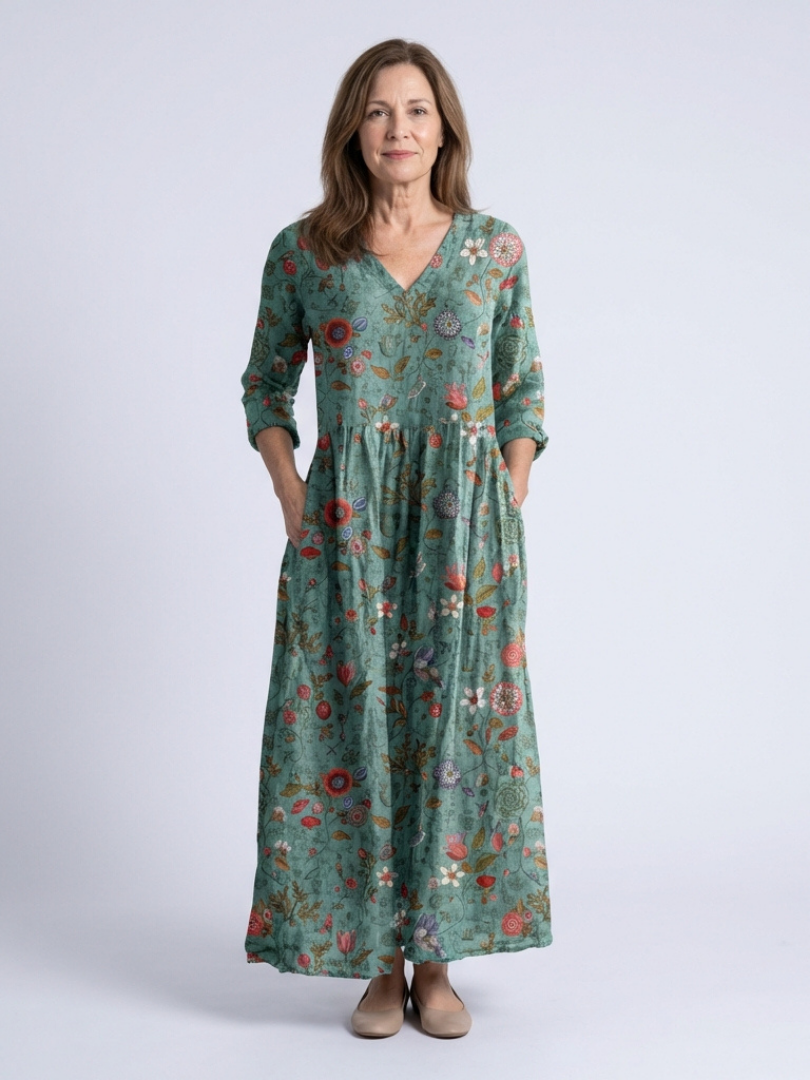 Marina | Vestido Maxi Floral con Escote en V y Manga 3/4