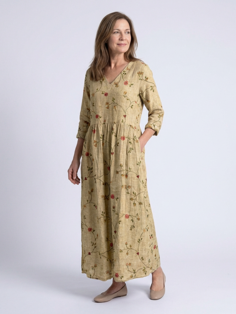 Marina | Vestido Maxi Floral con Escote en V y Manga 3/4