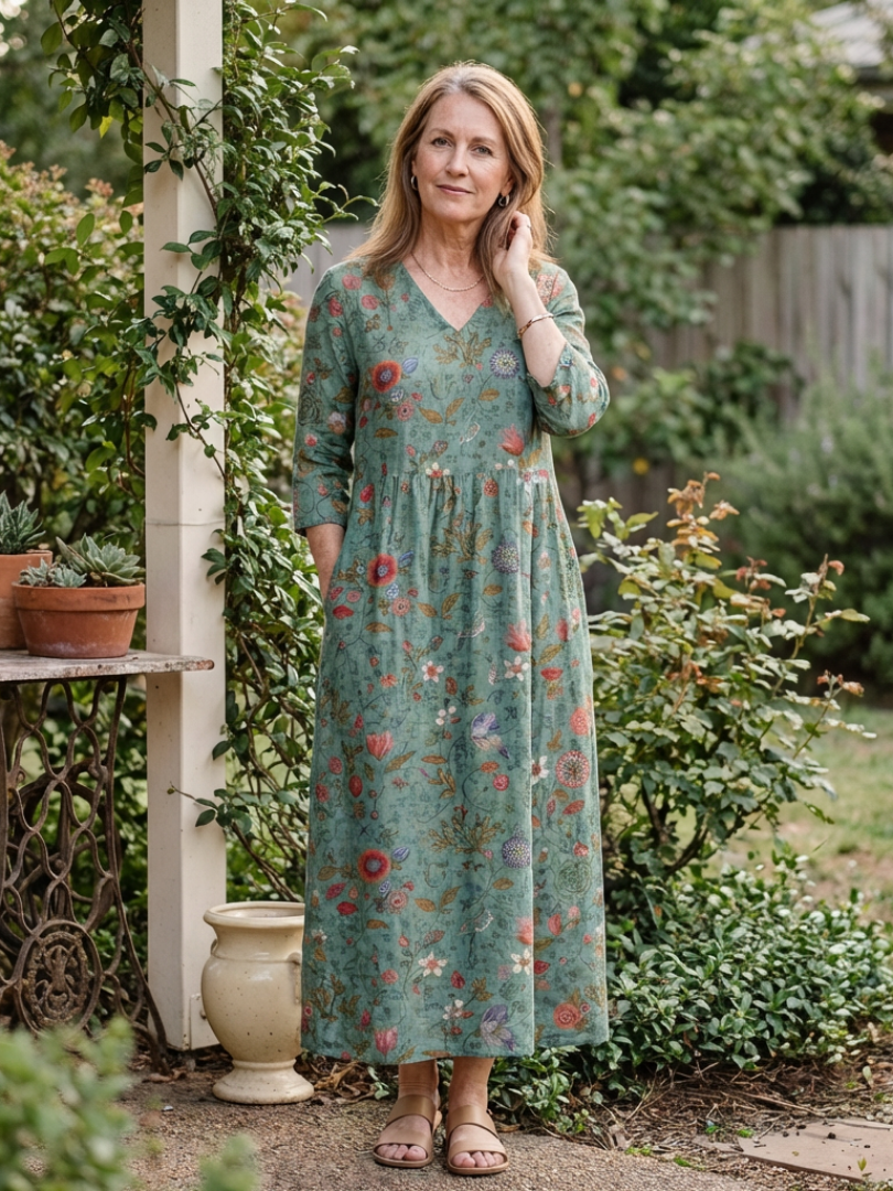Marina | Vestido Maxi Floral con Escote en V y Manga 3/4