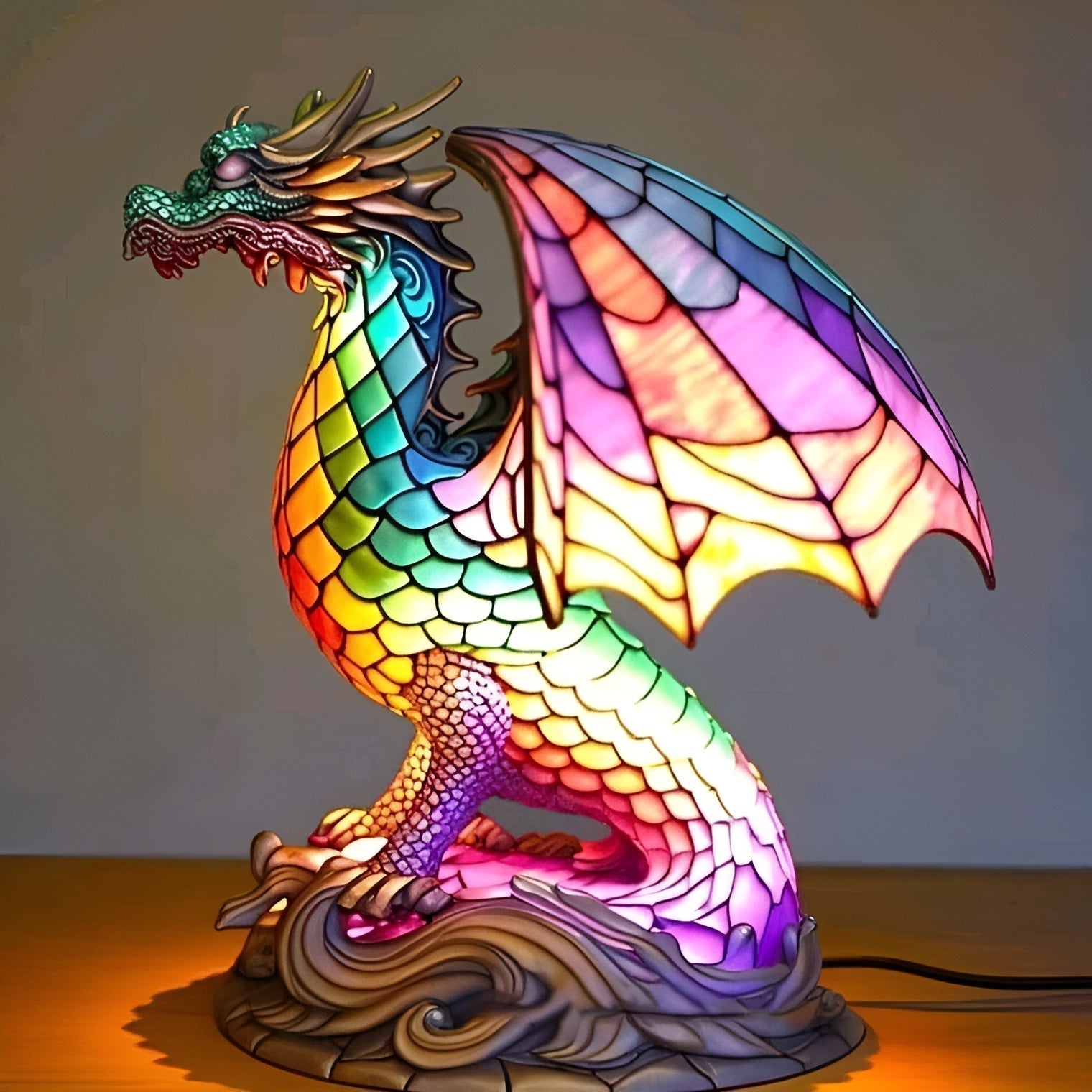 Gribouille – Lámpara de dragón mágica de vidrio coloreado