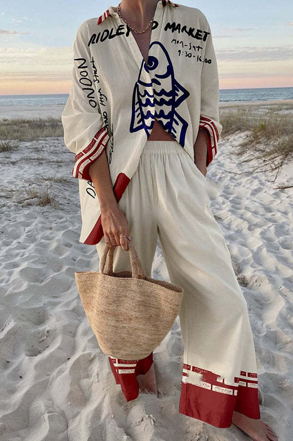 Amparo™ | Conjunto de Lino Estampado Peces Azules