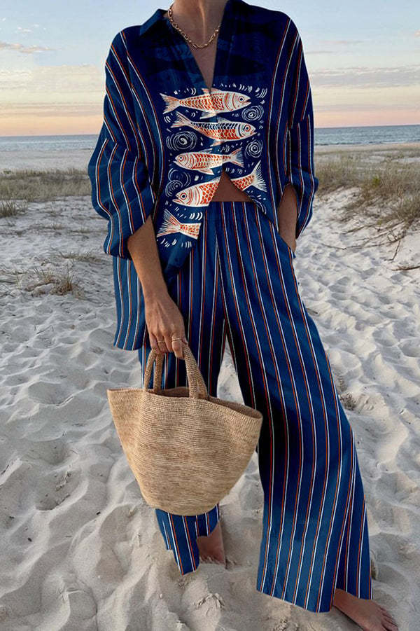 Sagrario™ | Conjunto de Lino Estampado Koi Azul