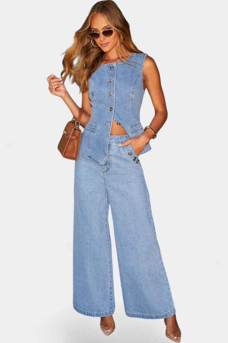 Ludovica Conjunto de Denim con Chaleco Ajustado y Jeans de Pierna Ancha