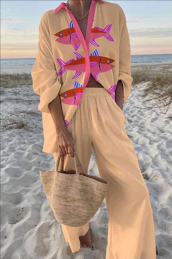 Consuelo™ | Conjunto de Lino Estampado Peces Rosas