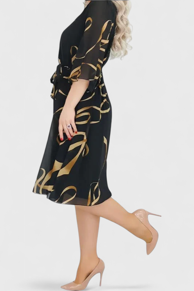 Amelie Vestido Midi Estampado con Cinturón y Corte Versátil