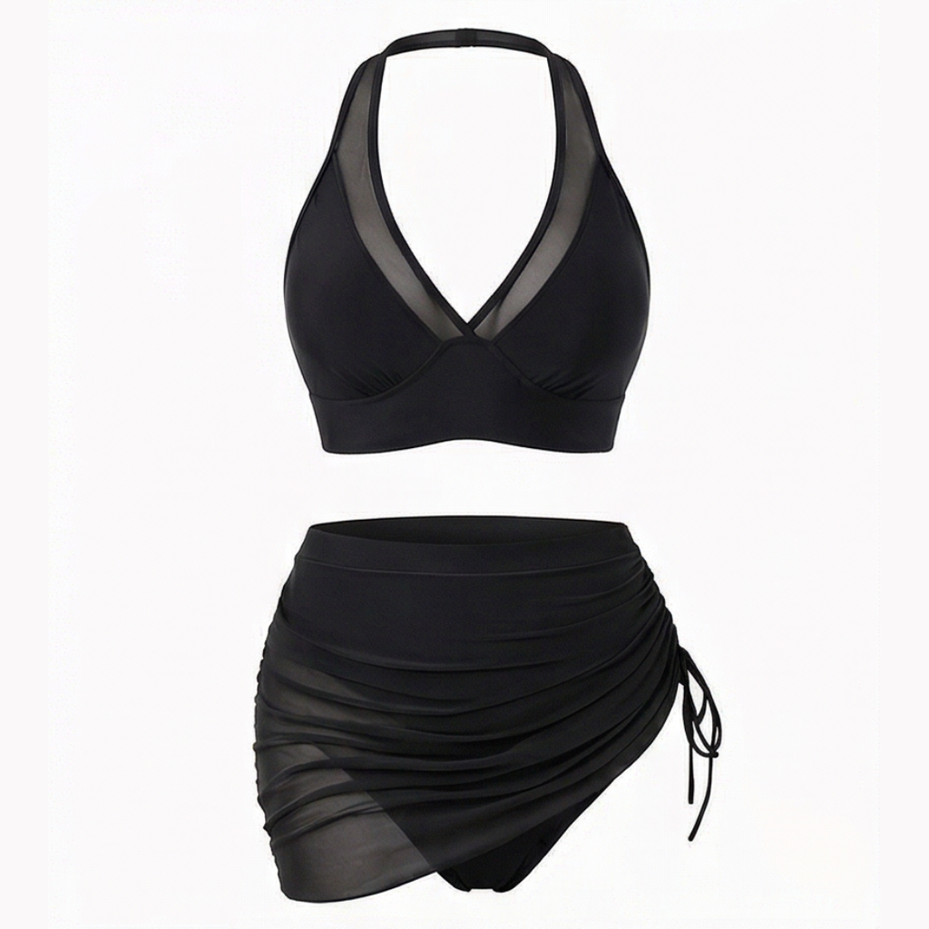 Nuria™ | Bikini de Talle Alto con Falda Fruncida y Malla
