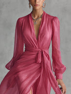 Beatrice™ | Elegante vestido largo de chiffon con escote en V y lazo en la cintura