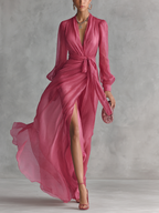 Beatrice™ | Elegante vestido largo de chiffon con escote en V y lazo en la cintura