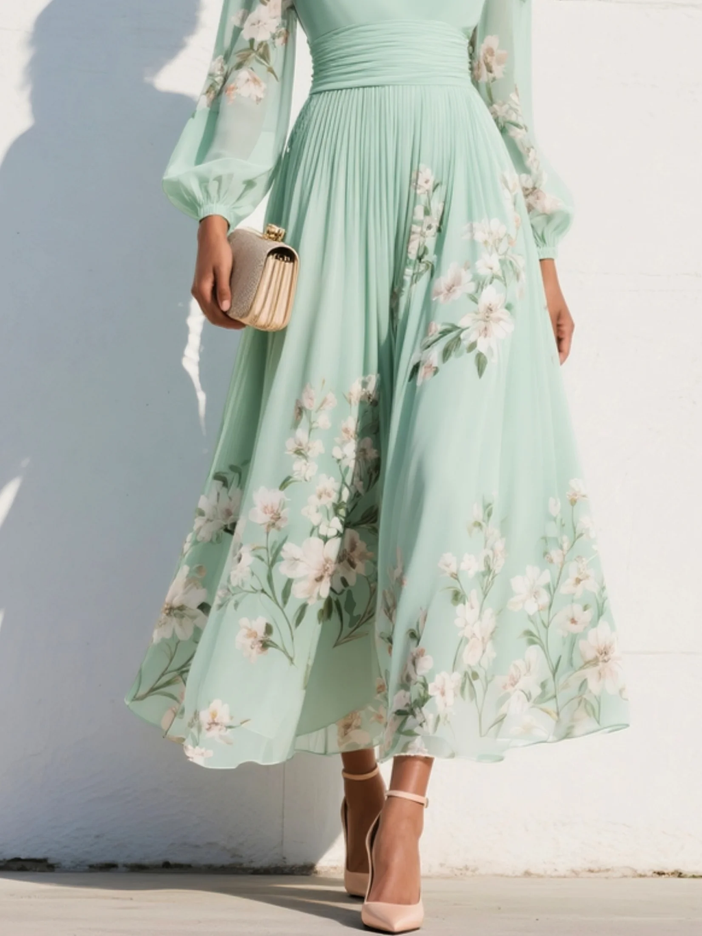 Anastasia™ | Vestido midi de gasa con escote en V y estampado floral verde claro