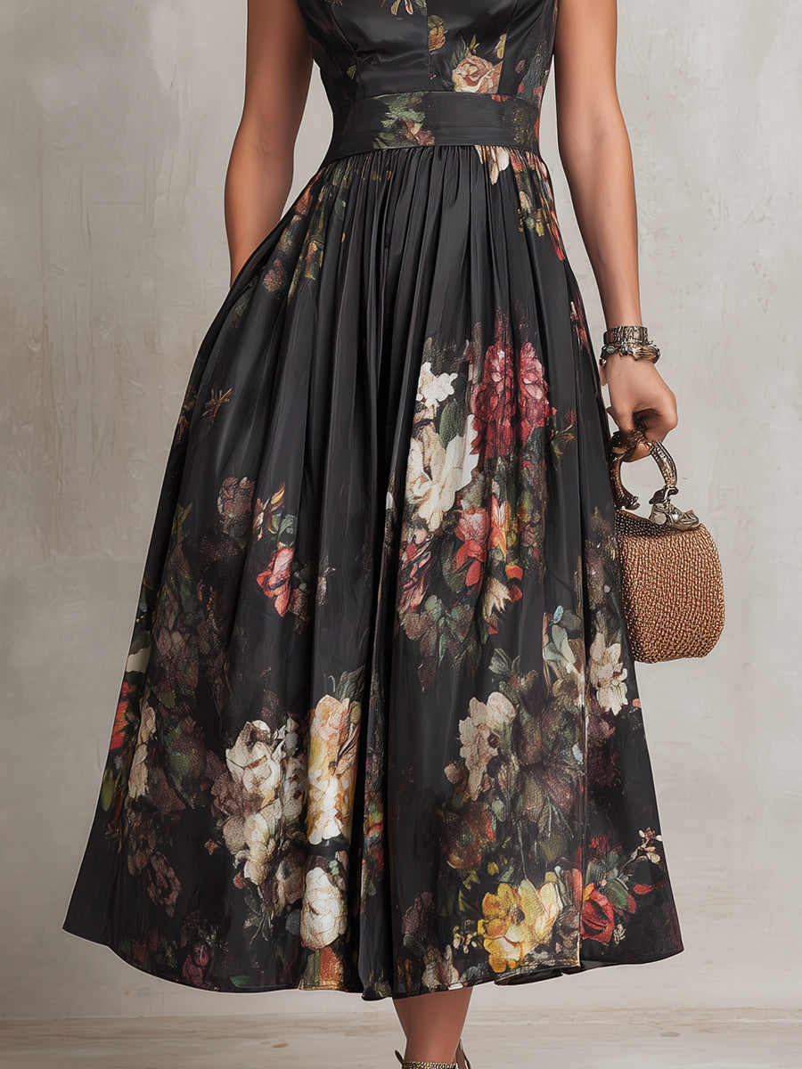 Violeta - Vestido midi negro de satén plisado con estampado floral y escote en V