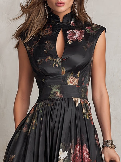 Violeta - Vestido midi negro de satén plisado con estampado floral y escote en V