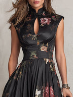 Violeta - Vestido midi negro de satén plisado con estampado floral y escote en V