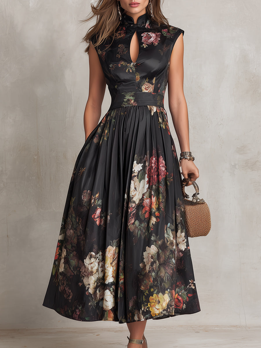 Violeta - Vestido midi negro de satén plisado con estampado floral y escote en V