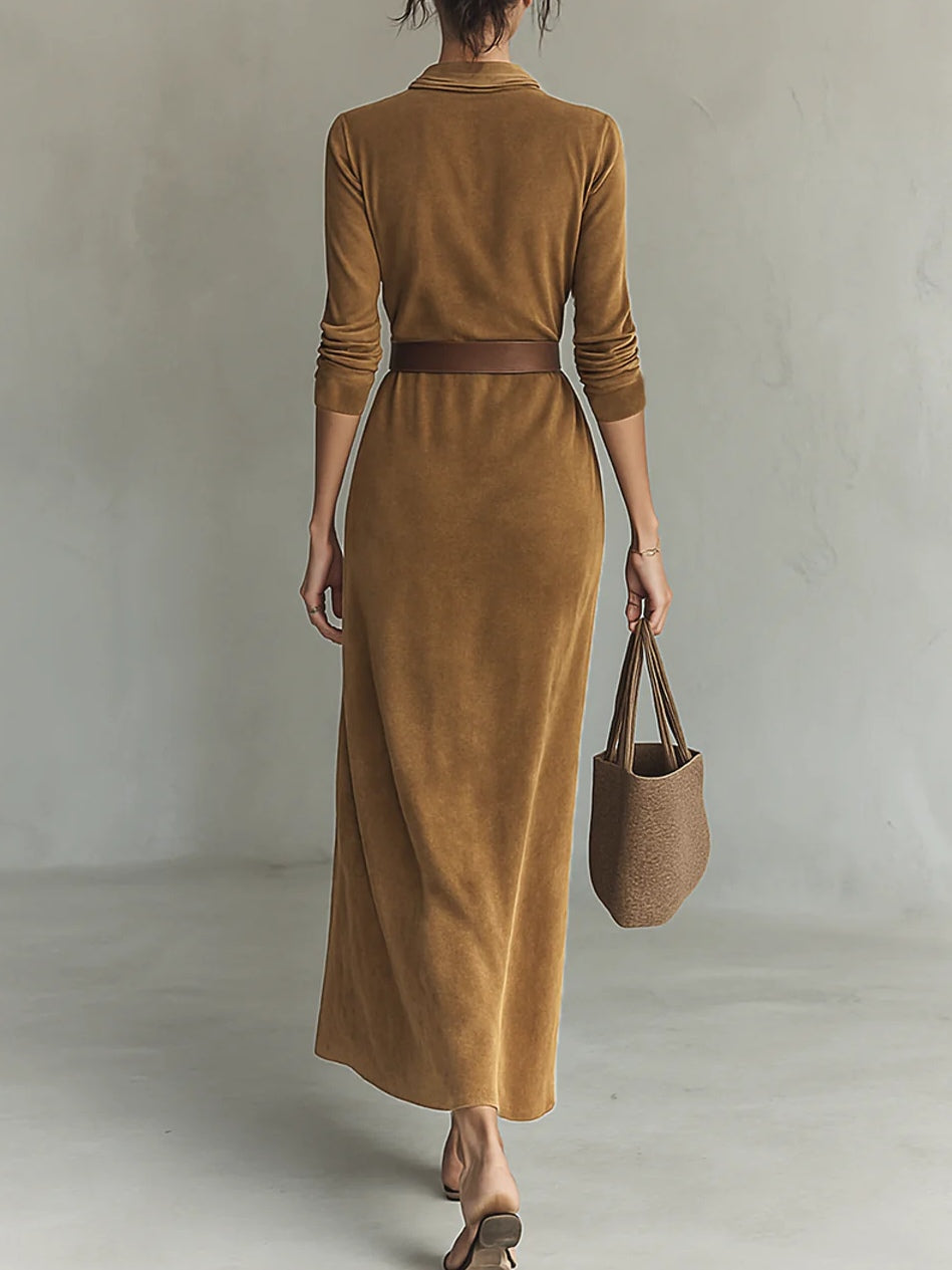 Juline™ | Vestido Maxi de aspecto gamuza con solapa