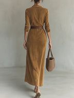 Juline™ | Vestido Maxi de aspecto gamuza con solapa