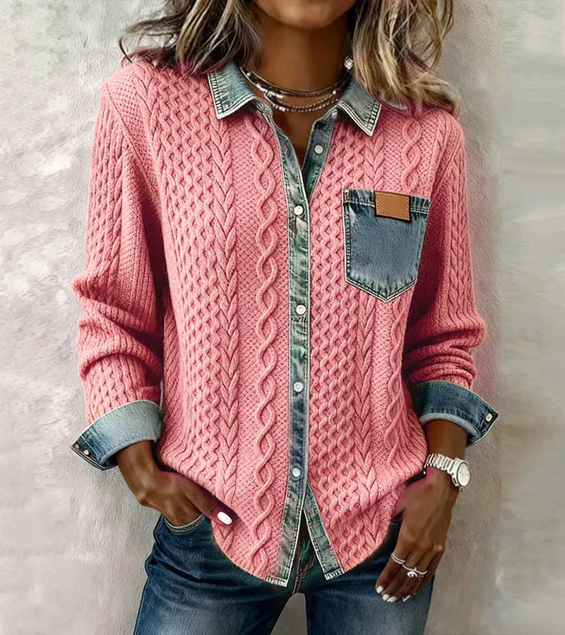 ANDREA – Top de punto patchwork con detalles vaqueros