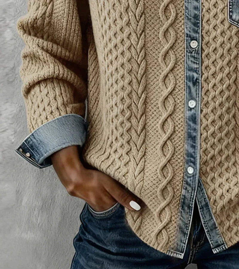 ANDREA – Top de punto patchwork con detalles vaqueros