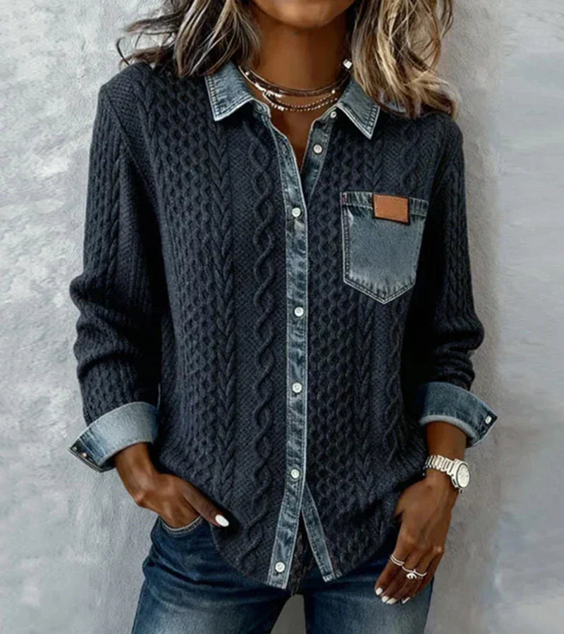 ANDREA – Top de punto patchwork con detalles vaqueros