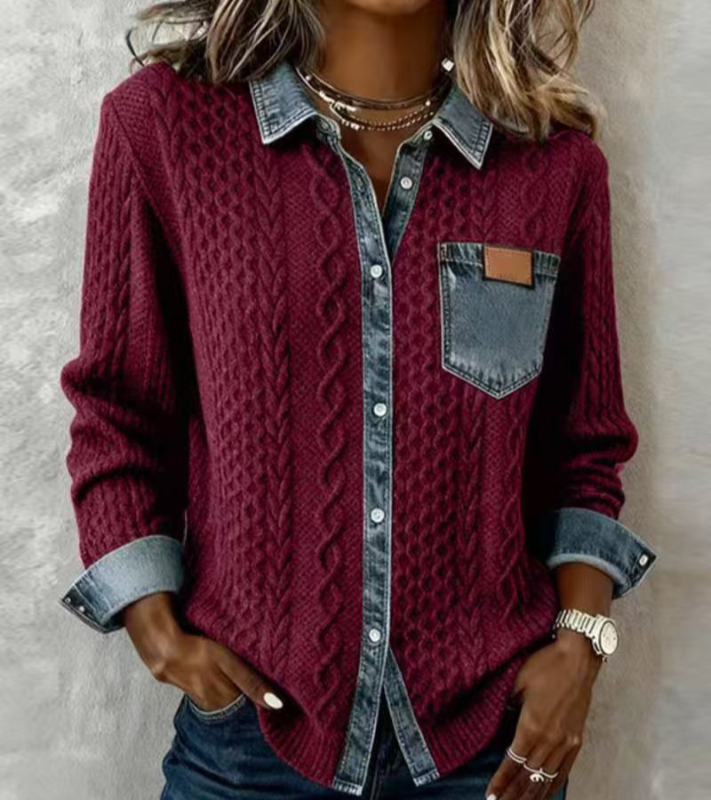 ANDREA – Top de punto patchwork con detalles vaqueros