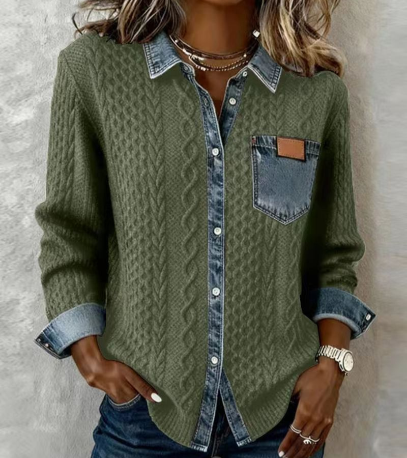 ANDREA – Top de punto patchwork con detalles vaqueros