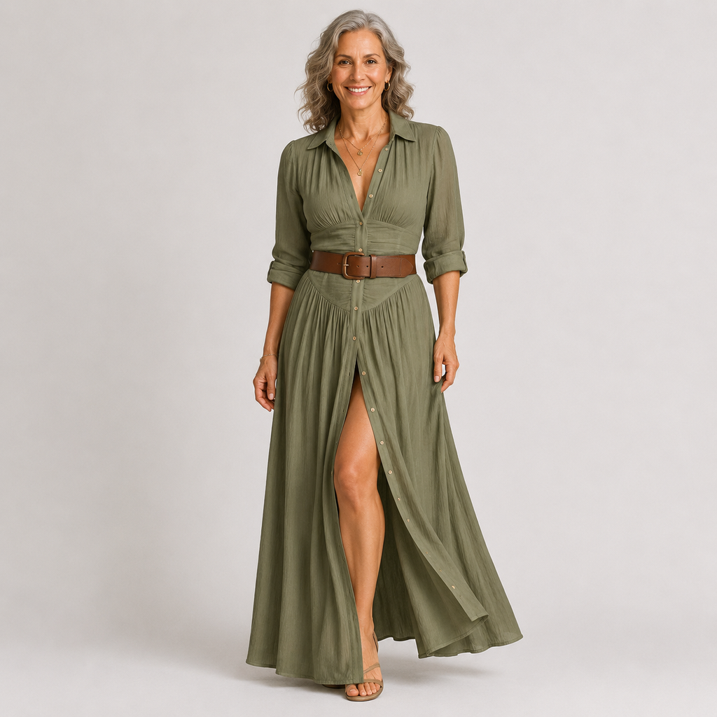 Leila™ | Vestido Maxi Largo con Cuello de Muesca