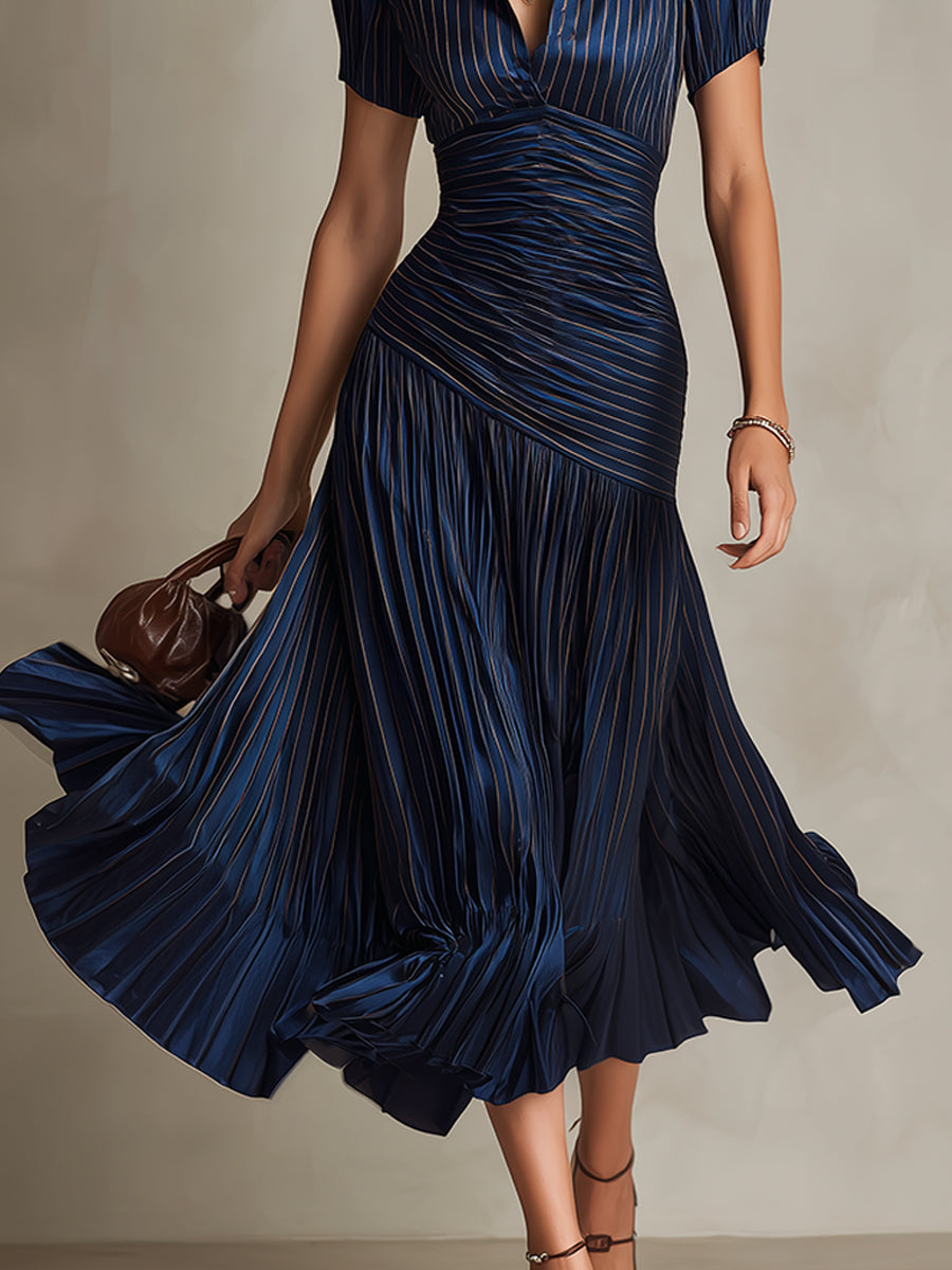 Adriana - Vestido midi de satén con rayas en la parte trasera