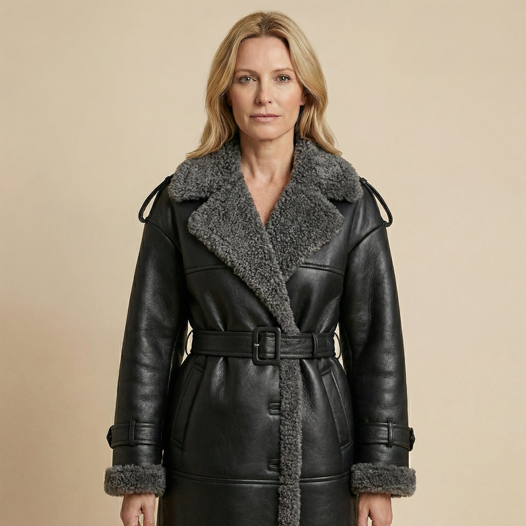 Noelia |  Abrigo de lujo de cuero y lana de cordero con diseño patchwork