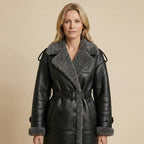 Noelia |  Abrigo de lujo de cuero y lana de cordero con diseño patchwork