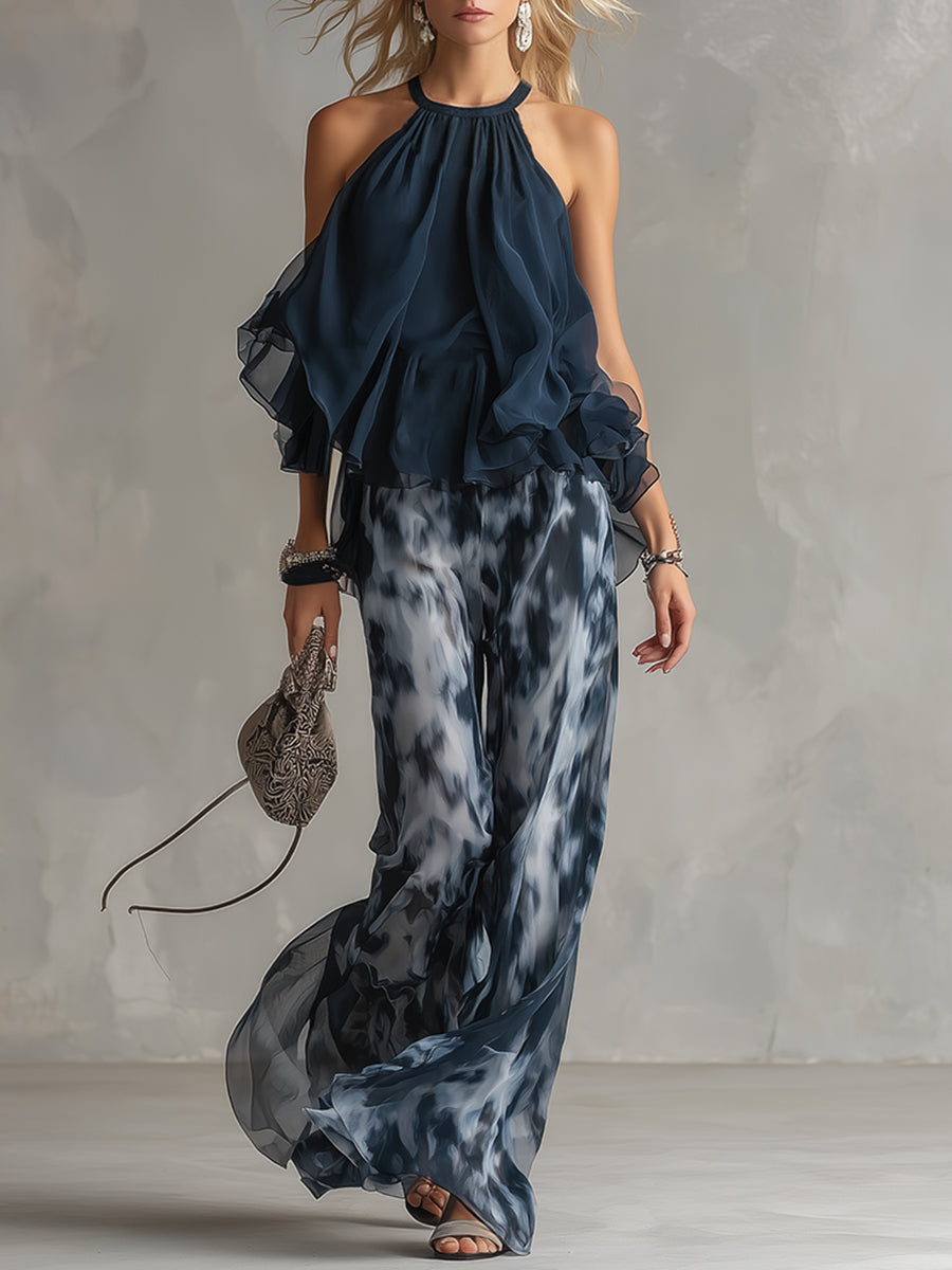 Laura | Top halter elegante azul marino y conjunto de pantalones anchos estampados