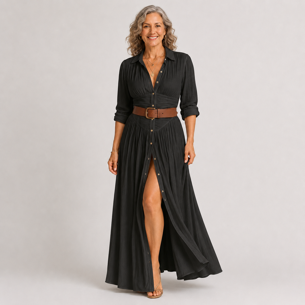 Leila™ | Vestido Maxi Largo con Cuello de Muesca