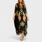 Linda - Vestido impresionante con tirantes asimétricos y estampado de palmeras
