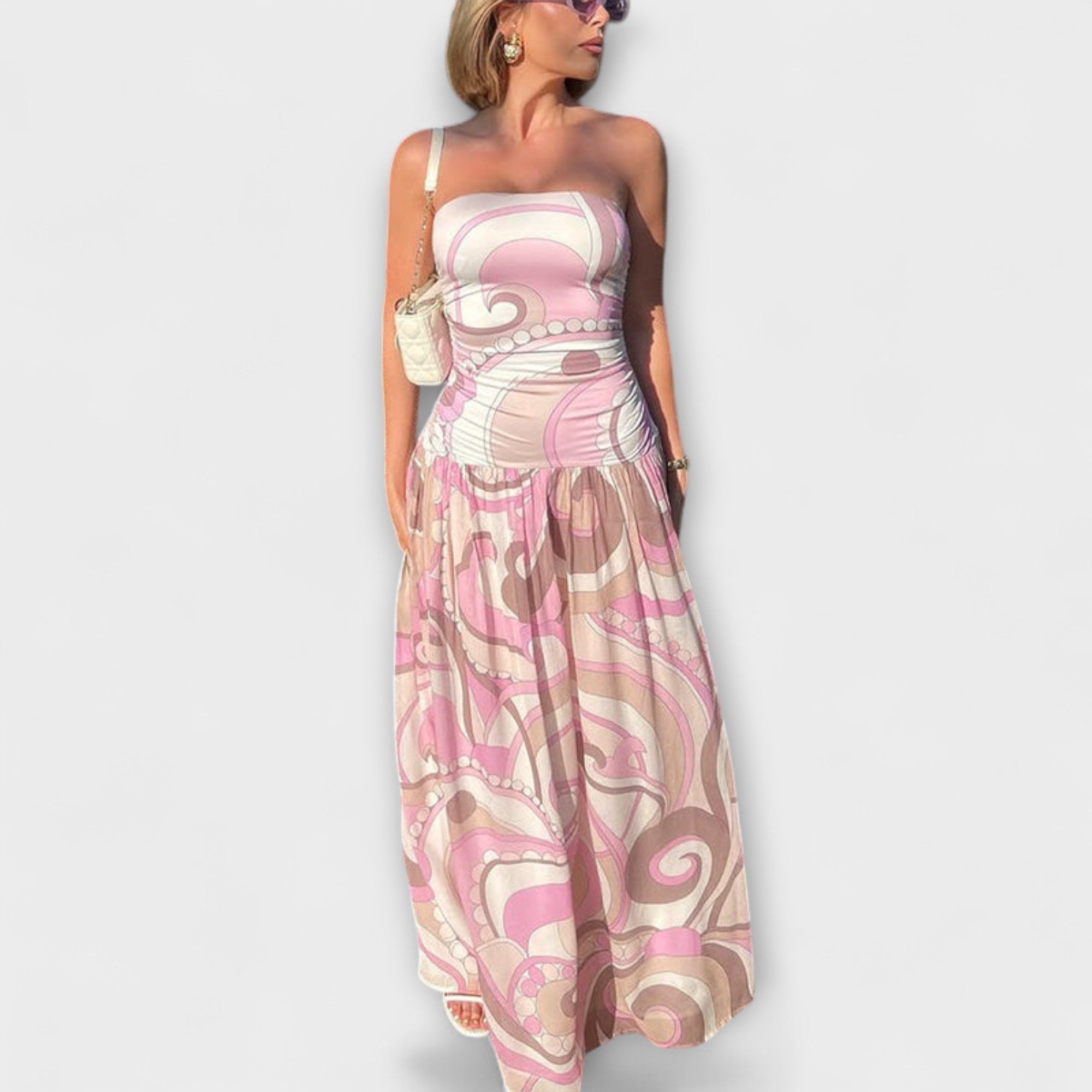 Tatum - Hermosos vestidos maxi en colores pastel con hombros descubiertos