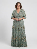 Evadne | Vestido Maxi Floral con Escote en V y Manga Corta