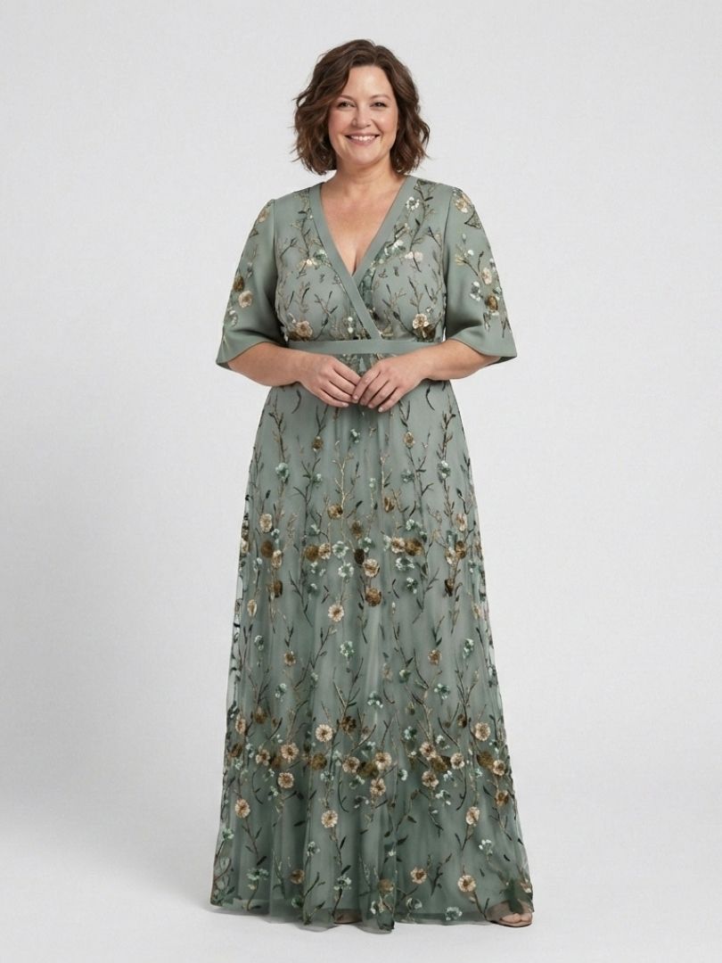 Evadne | Vestido Maxi Floral con Escote en V y Manga Corta