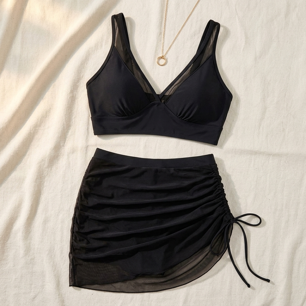 Nuria™ | Bikini de Talle Alto con Falda Fruncida y Malla