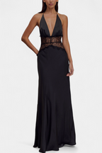 Ashanty Vestido Largo con Escote Halter y Cintura de Encaje Transparente