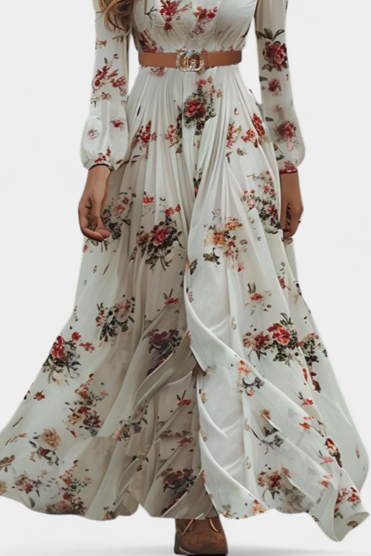 Amanda Vestido Maxi Floral con Cuello en V y Mangas Largas
