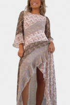 Ruth Vestido Largo Floral con Mangas 3/4 y Paneles Volantes