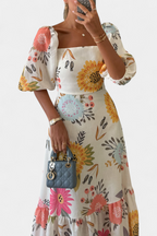 Kacey Vestido Midi de Algodón con Estampado Floral y Manga Abullonada