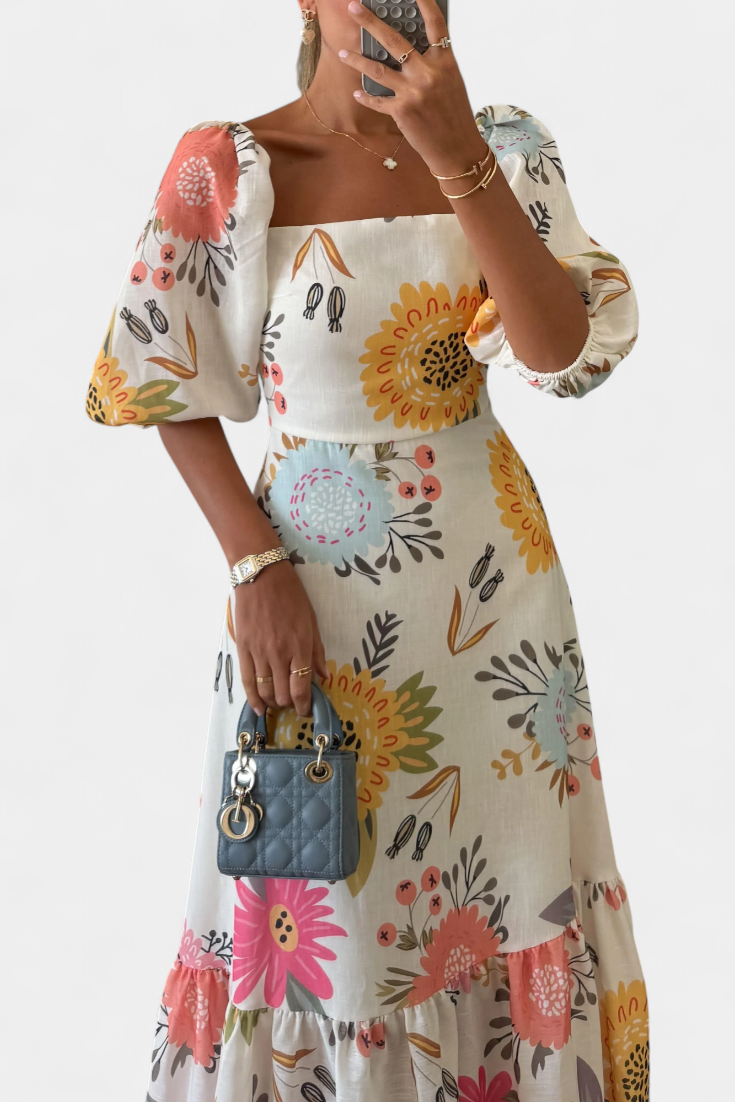 Kacey Vestido Midi de Algodón con Estampado Floral y Manga Abullonada