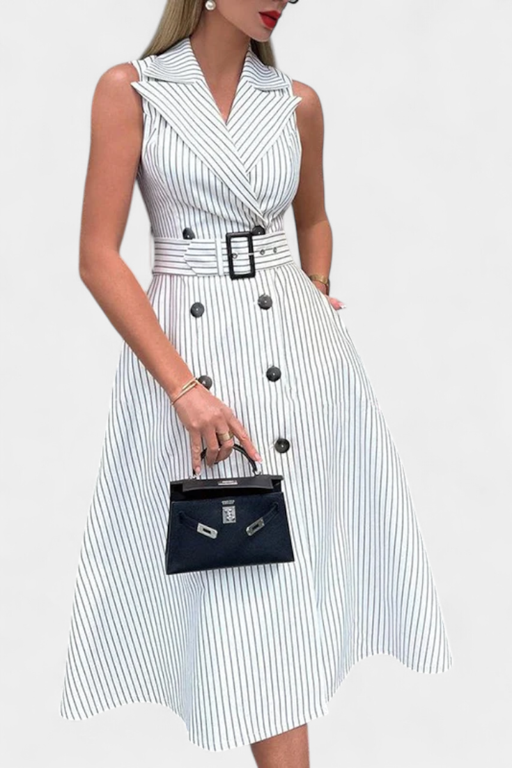 Diana Vestido Camisero Midi a Rayas con Cintura Anudada