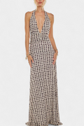 Melodía Vestido Maxi de Lunares con Escote Halter y Cintura Fruncida