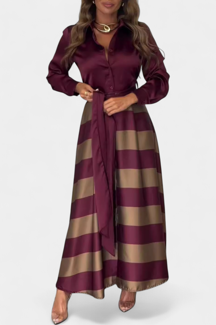 Nessia Vestido Camisero Largo a Rayas con Cinturón