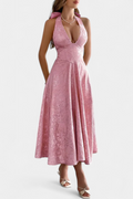 Gilda Vestido Midi Jacquard con Espalda Abierta y Cintura Alta