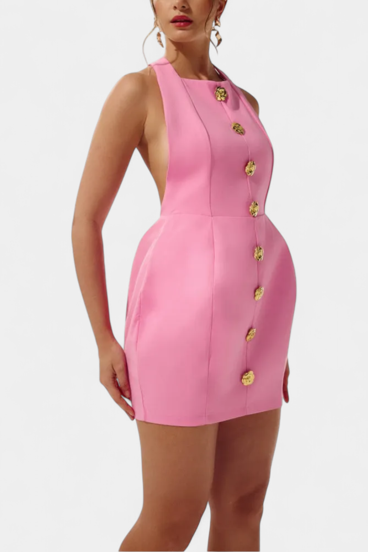 Yvonne Vestido Mini Escote Halter con Espalda Abierta y Detalle Floral