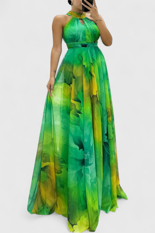 Caprice Vestido Maxi de Gasa con Estampado Floral y Cuello Halter