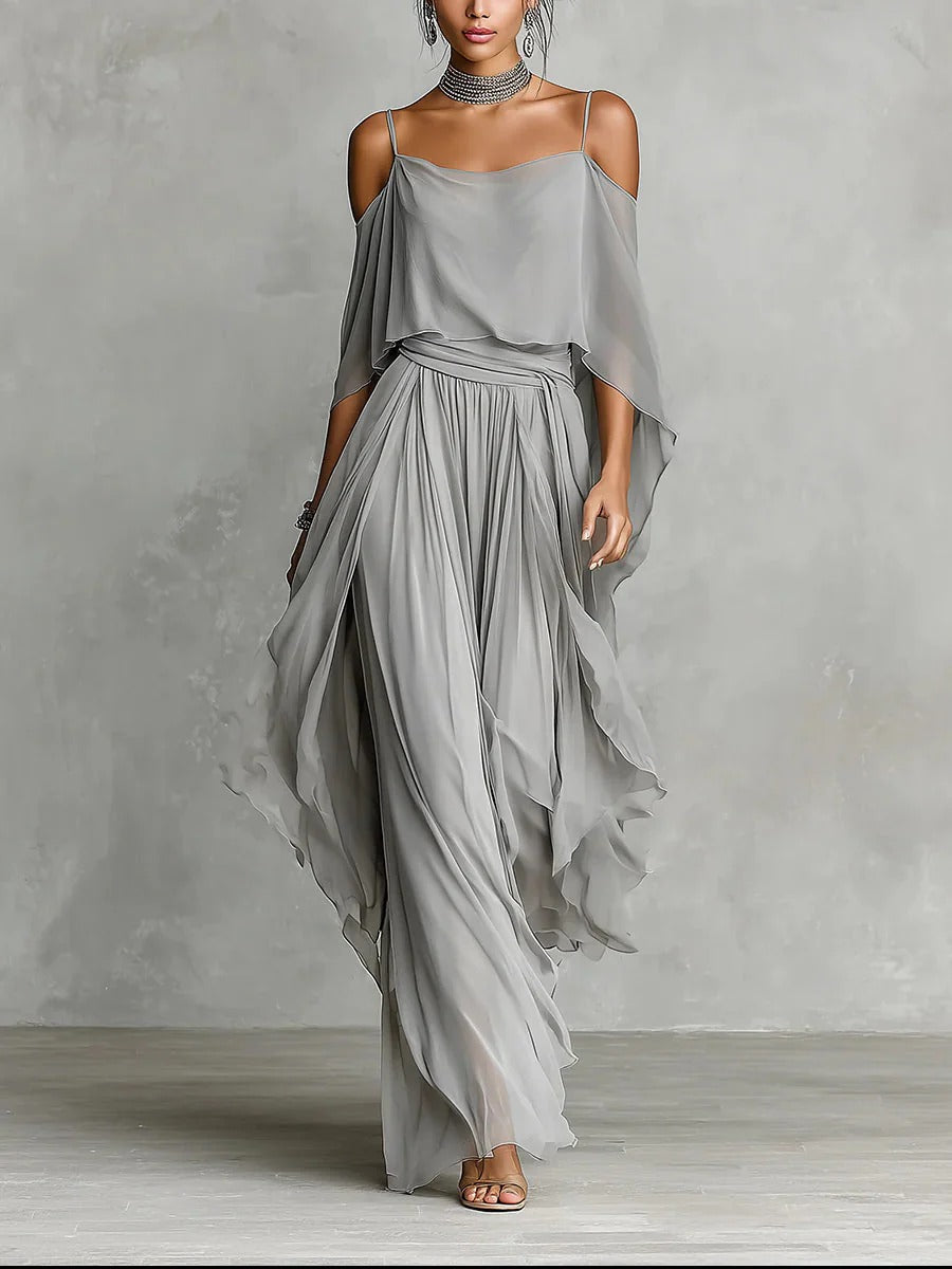 Isabel | Conjunto gris fluido con top de tirantes finos y pantalones ligeros