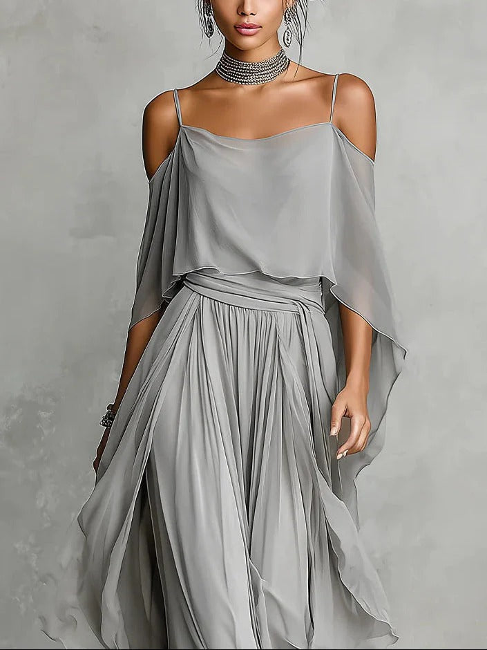 Isabel | Conjunto gris fluido con top de tirantes finos y pantalones ligeros