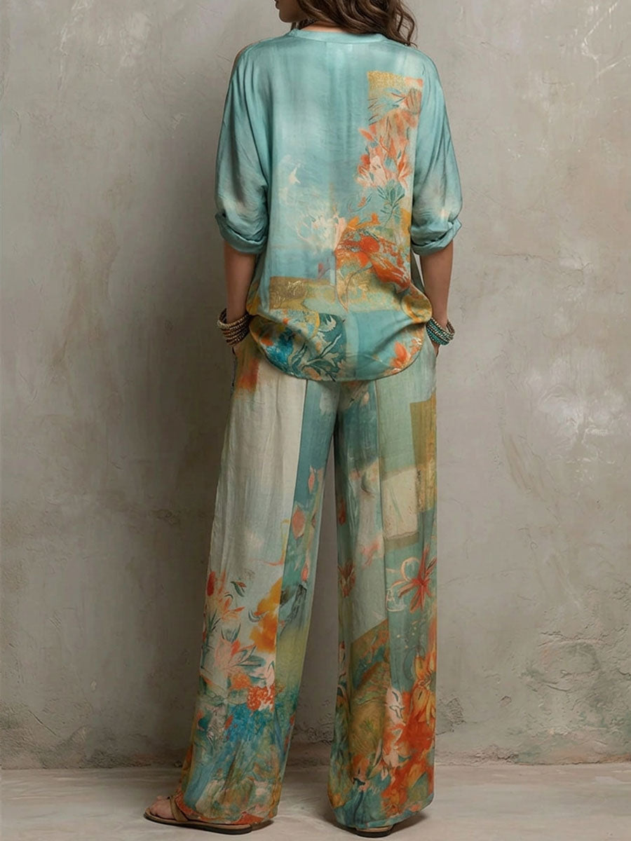 Carla | Conjunto elegante con estampado floral y pantalones de pierna ancha